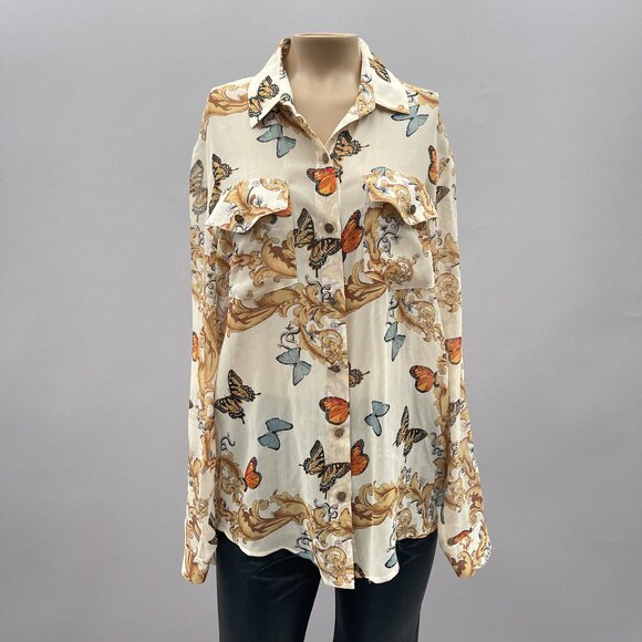 The Kooples Top Size Small Silk Long Sleeve Button Butterfly Whimsical Print - Picture 1 of 13